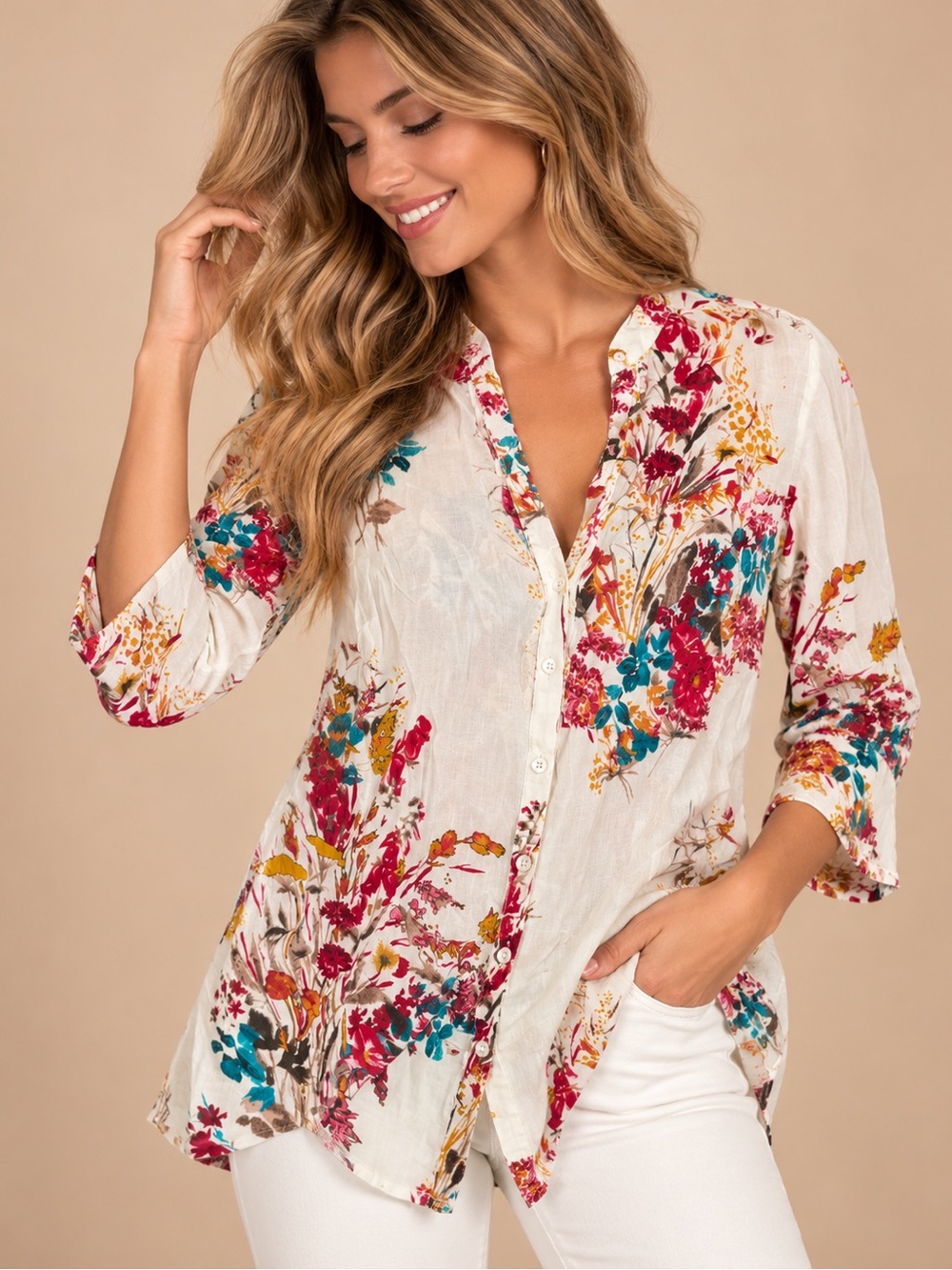 Hannah Cream Multicolor Floral Button Front Tunic Top Size M
